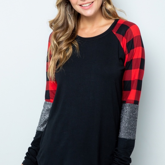 Buffalo plaid long sleeve boutique top white/red - Picture 4 of 8